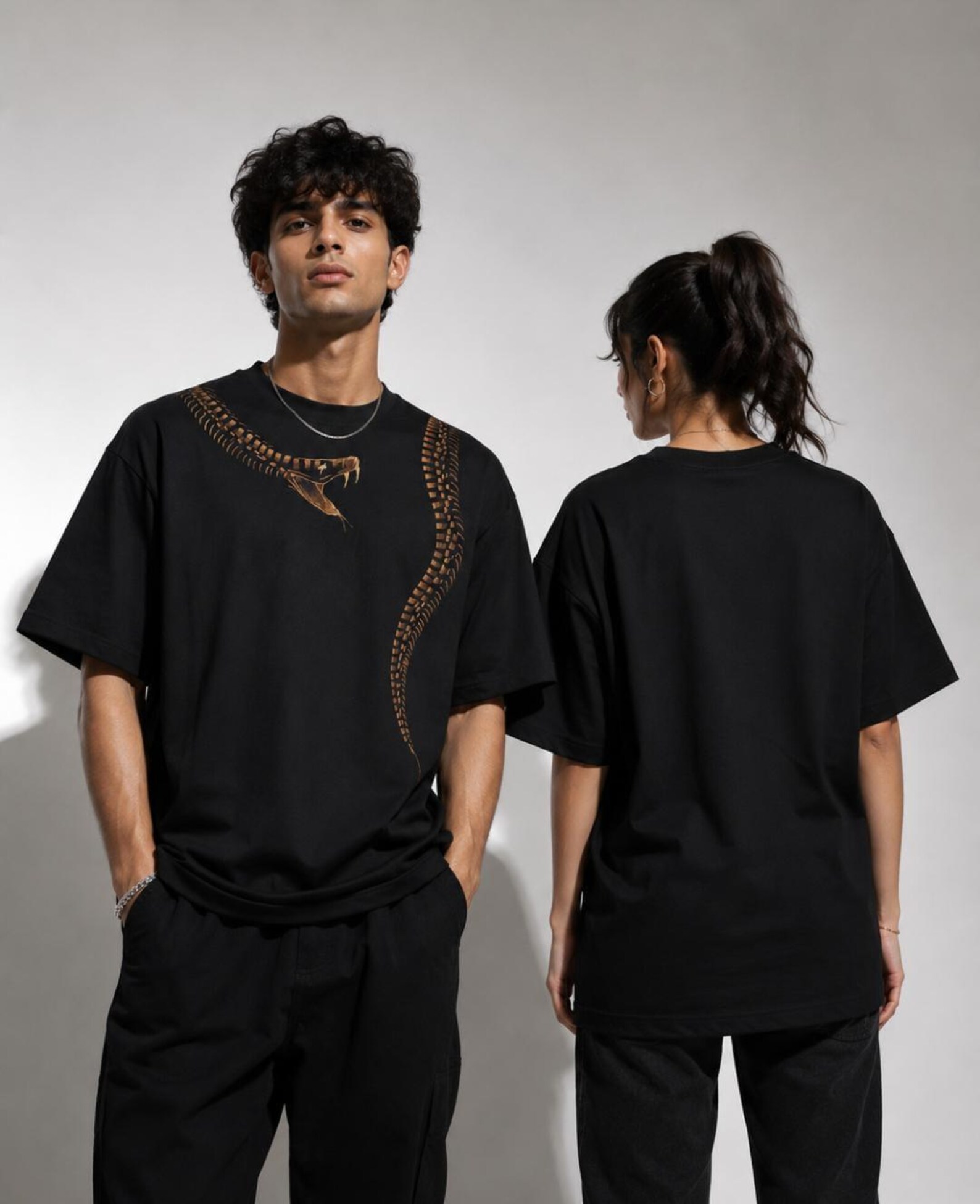 Unisex Black Classic Fit Tee | Hand Bleach Art T-Shirt | Snake & Floral Graphic Shirt | Alternative Streetwear | Artistic Cotton Tee